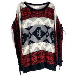 VINTAGE HAVANA Fringed Tribal Aztec Boho Sesign woman Sweater Charcoal- Red S